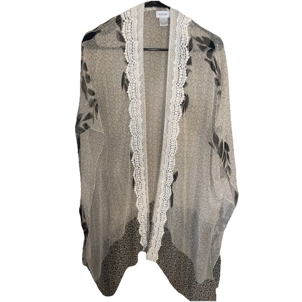 Women’s Avenue Sheer Kimono Cardigan With Soft Cotton Lace Trim Sz L - Picture 2 of 7